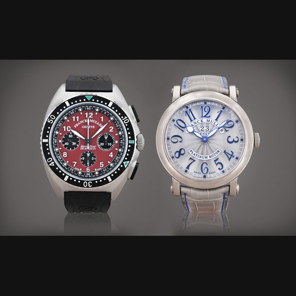 Franck Muller Lot de deux montres bracelet |  Set of two wristwatches     Master Diver, First Edition Red Limited, reference 2083 CC AT /  Arije limited edition, reference 7008 GG REL BR2     Montre bracelet chronographe en acier / Montre bracelet en or blanc avec date |  Stainless steel chronograph wristwatch / White gold wristwatch with date     Vers 2018 / 2009 |  Circa 2018 / 2009
