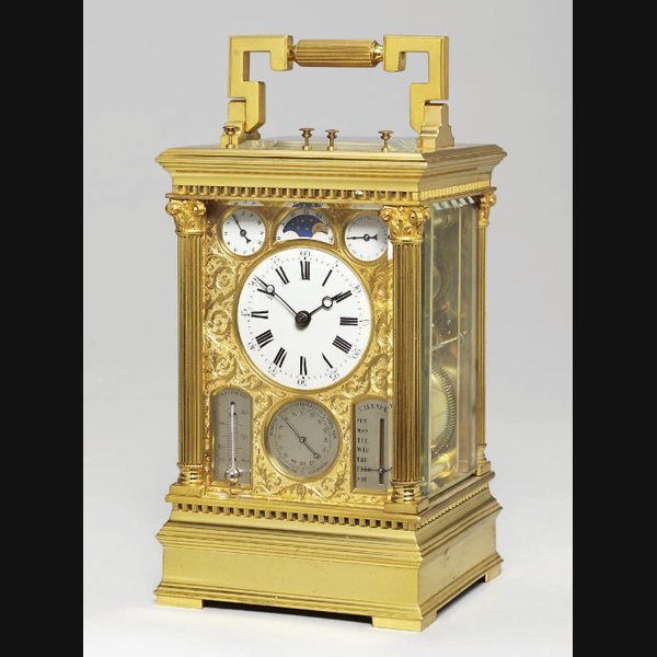 A fine French brass grande sonnerie eight day carriage clock with full calendar, moonphase, barometer and thermometer VICTORIEN BOSEET, NO.613. CIRCA 1880