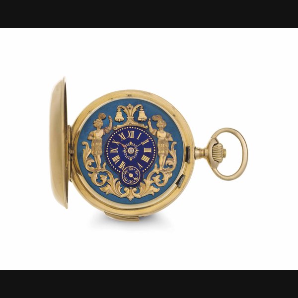 Swiss. A Fine 18k Pink Gold Quarter Repeating Jacquemart Keyless Lever Hunter Case Pocket Watch UNSIGNED, CASE AND CUVETTE, NO. 34'993, CIRCA 1900