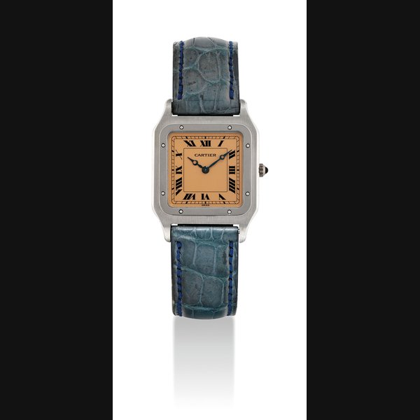 CARTIER. A RARE PLATINUM LIMITED EDITION SQUARE WRISTWATCH WITH SALMON DIAL SIGNED CARTIER, SANTOS DUMONT MODEL, NO. 46/90, REF. 1575 1, CASE NO. C71487, CIRCA 1994
