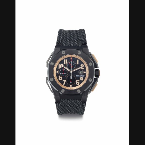 Audemars Piguet. A Large Limited Edition 18k Pink Gold, Titanium and Ceramic Automatic Chronograph Wristwatch with Date SIGNED AUDEMARS PIGUET, ROYAL OAK OFFSHORE, ARNOLD SCHWARZENEGGER "THE LEGACY" MODEL, NO. 0149/1500, MOVEMENT NO. 731'521, CASE NO. H15046, CIRCA 2011