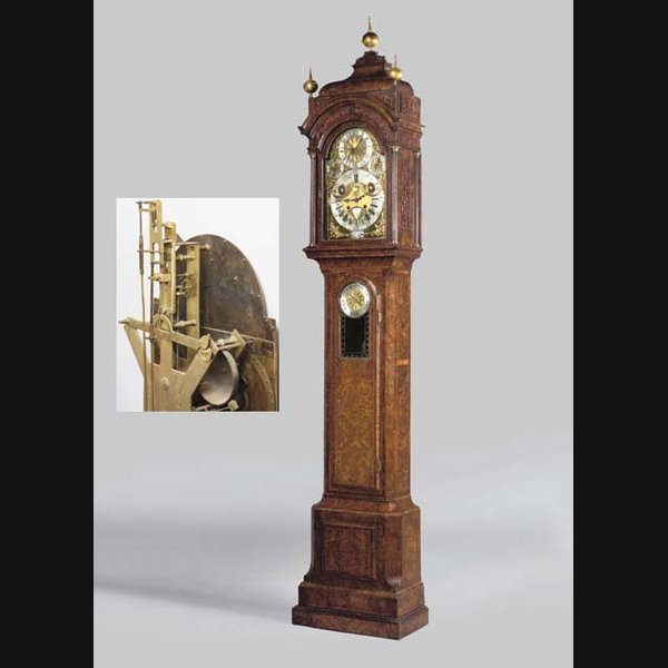 A rare George II walnut month-duration astronomical longcase clock with double pendulum, showing seconds in the arch and with barometer to the case WILLIAM SCAFE, LONDON. CIRCA 1740/50