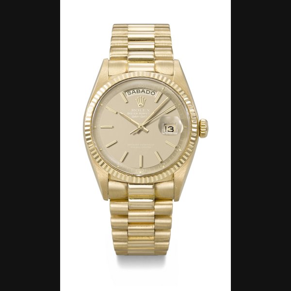 ROLEX. AN ATTRACTIVE 18K GOLD AUTOMATIC WRISTWATCH WITH SWEEP CENTRE SECONDS, DAY, DATE AND BRACELET SIGNED ROLEX, DAY-DATE MODEL, REF. 1803, CASE NO. 1'449'412, CIRCA 1966