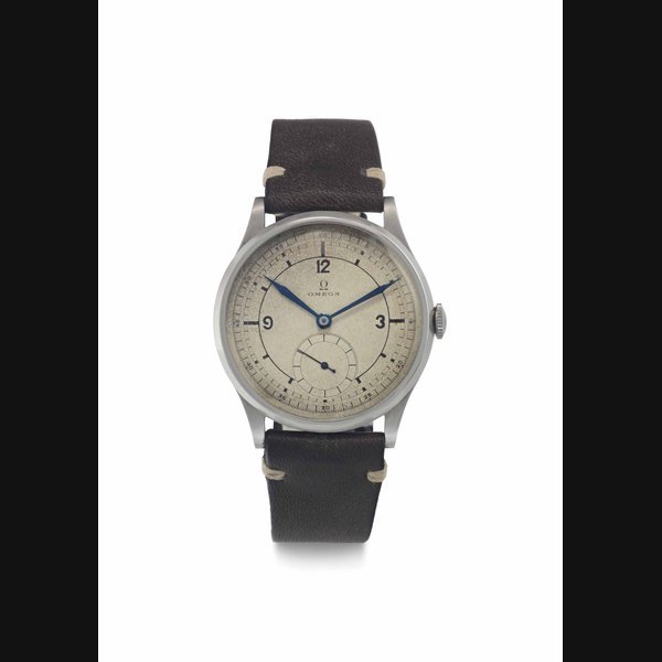 Omega Omega. A Rare and Large Stainless Steel Wristwatch with Sector Dial SIGNED OMEGA, MOVEMENT NO. 8'325'866, CASE NO. 9'098'618, CIRCA 1936