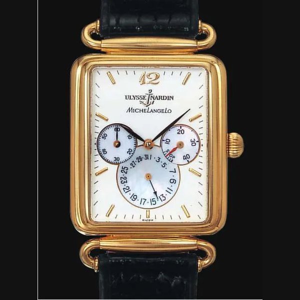 Ulysse Nardin Ulysse Nardin, Locle, Suisse, "Michelangelo Power Reserve", No. 1742, Ref. 171/42 - 1788. Produced in the 1990's.Very fine self-winding, water-resistant, rectangular, 18K yellow gold gentleman's wristwatch with 40 hours power reserve and date and an 18K yellow gold Ulysse Nardin buckle. | Important Watches, Collector's Wristwatches and Clocks including | Hotel Richemond, Geneva, 13th October 2001 · 171/42