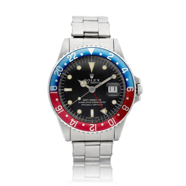 Rolex GMT-Master, Reference 1675 | A stainless steel dual time zone wristwatch with Long E dial, date and bracelet, Circa 1968 |  勞力士 GMT-Master 型號1675 |  精鋼兩地時間鏈帶腕錶，備 Long E 錶盤及日期顯示，約1968年製 · 1675