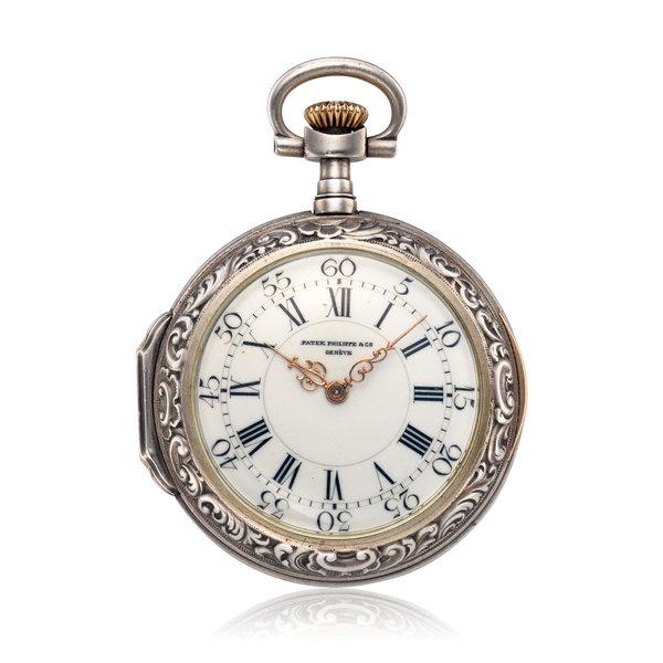 PATEK PHILIPPE, SILVER LOUIS XV STYLE POCKET WATCH 'LOVE OFFERING AN APPLE'